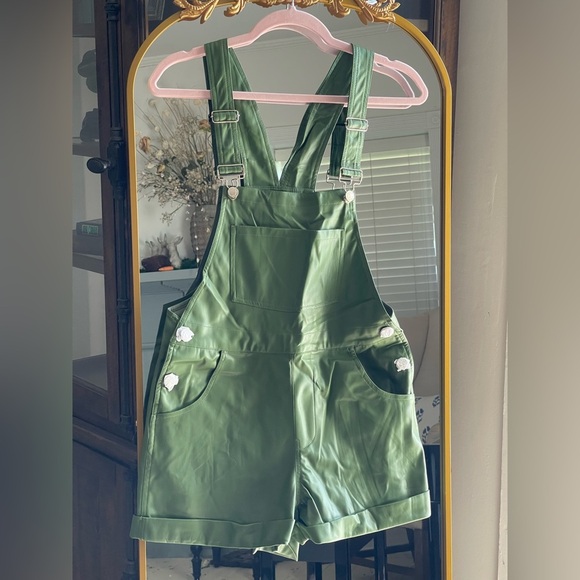 WEWOREWHAT NWT VEGAN GREEN LEATHER SHORT OVERALLS in BASIL - Picture 1 of 8